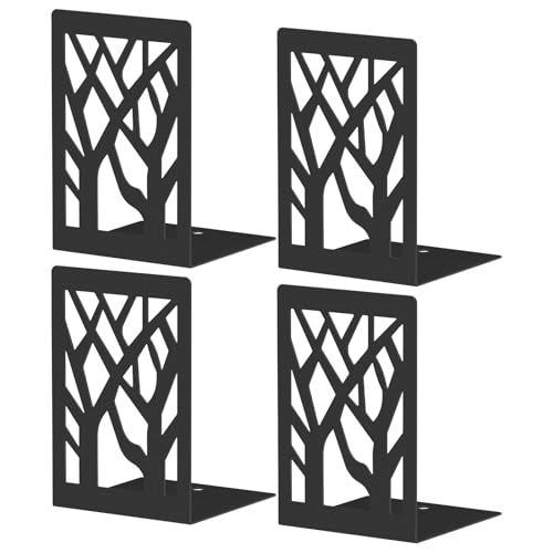 Bookends 4 Pieces, Tree Design Modern Metal Bookends for Shelves, Black Tree Book Ends Decorative Book Organizer for Desk, Decorative Shelve Book Stopper for Home Office - color: Black 4 Pieces