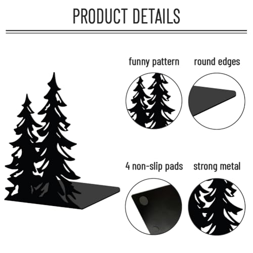 WADORN 1 Pair Pine Tree Metal Decorative Bookend for Shelves, Heavy Duty Book Ends Modern Non-Skid Books Holder Stand Black Book Support Stoppers for Desk Bookshelf Office Home, 5.3x4.3x7.9 Inches - color: Pine Tree