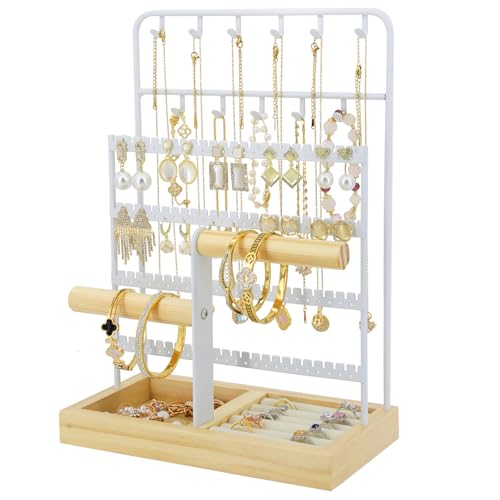 Jewelry Holder Organizer Stand 4-Tier Necklace Stand Earring Holder with Wooden Tray, Jewelry Rack for Bracelets Watches and Rings Display Stand, Gifts for Women & Girls-White - color: Tray&White