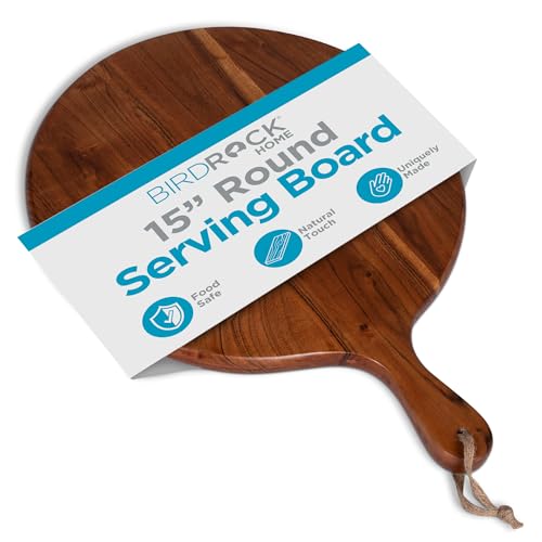 BIRDROCK HOME Acacia Wooden Cheese Serving Board with Handle - Charcuterie, Appetizers, Kitchen Platter, Grazing Board, Pizza, Meat, Bread, Cutting, Party, Food Display Tray - Espresso, 15", Round