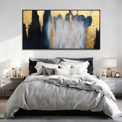 WINKAILIN Blue and Gold Abstract Canvas Wall Art with Frame Modern 29x58 Large Painting Minimalist Artwork for Living Room Bedroom Dining Room Decor - color: Blue and Gold, size: 58"L x 29"W