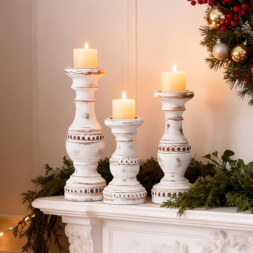 Candle Holder for Pillar Candle Set of 3, Farmhouse Solid Wood Candle Holder, Rustic Wooden Candle Stand, Vintage Small Wooden Candlestick Holders Decorative for Living Room, Table Centerpiece - color: Antique White