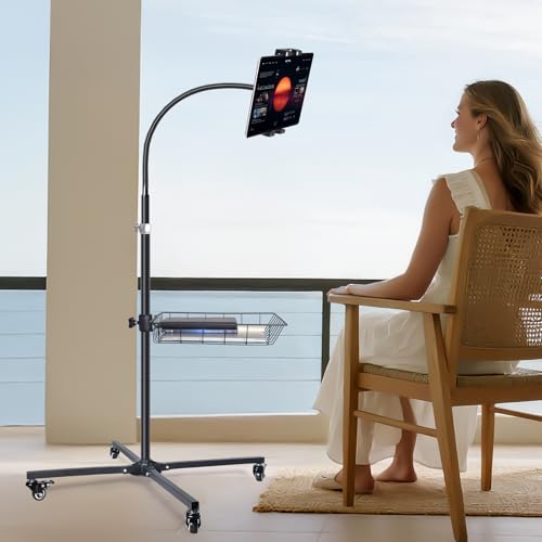 Premium Rolling Tablet Floor Stand with Heavy Duty Industrial Wheels & Storage Basket, Tall Adjustable iPad Stand Floor on Wheels, Universal Mount Holder for iPad Pro, Air, Mini, Phone