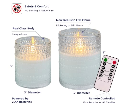 VENTA Realistic Glow Flameless Candles | Decorative Set of 2 in White Dotted Glass with Remote & Timer | Decorative Table Lamp - color: Dotted Glass White