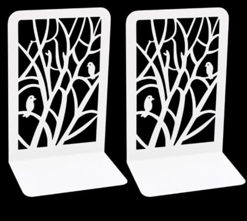 Tree Bookends Metal Nonskid Bookends Heavy Duty Bookshelves Organizer Office Bookend for Shelves, Book Ends for Heavy Books (Branch Bird-White, 1 Pair) - color: Branch Bird-white, 1 Pair