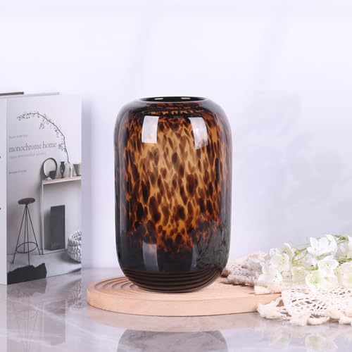 Amber Brown Glass Vase – Round Art Glass Vase with Tortoise Shell Pattern, Hand Blown Wide Mouth Decorative Centerpiece for Living Room, Dining Table or Entryway Home Decor - size: Large