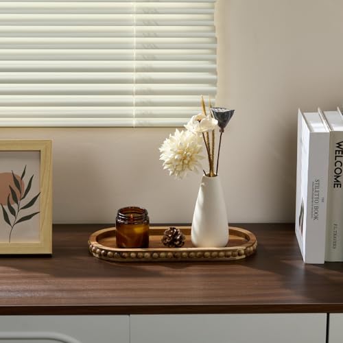Acacia Wood Decorative Oval Tray, Beaded Edge Farmhouse Tray for Coffee Table Centerpiece, Rustic Wooden Serving Tray for Candle Holder, Kitchen & Living Room Counter Home Decor