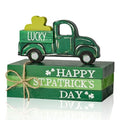 Smile St.Patrick's Day Wooden Book Stack Decor Green Shamrock & Lucky Truck Design, Freestanding Tabletop Shelf Wood Sign for Home Office - style: St Truck