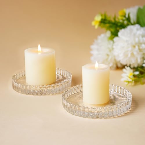 kanpura 3.5 Inch Glass Pillar Candle Holder Set Set of 2 Gear Round Candle Plate Flat Candle Stand for Table Centerpieces,Party, Wedding Home Decor - color: Clear
