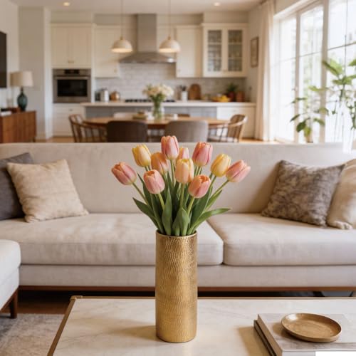 Gold Cylinder Ceramic Vintage Vase - 13.4" Tall Decorative Texture Modern Vase for Home Decor, Rustic Farmhouse Boho Vases for Living Room, Dining Room - style: Gold Texture Cylinder