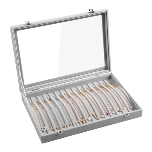 Frebeauty 15 Hooks Necklace Tray Velvet Neckalce Organizer with Clear Lid Lockable Necklace Holder Box Jewelry Organizer for Pendants Chains Necklace Jeweley Tray for Women Girls(Grey) - color: Grey