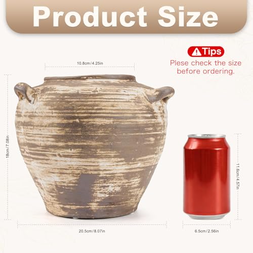 Ceramic Flower Vase 7 inch Rustic Farmhouse Vase with Handles for Home Decor Vintage Decorative Vases for Bookshelf, Table, Mantle Fireplace, Living Room, Bathroom, Wedding Retro Brown - color: 7 Inch-retro