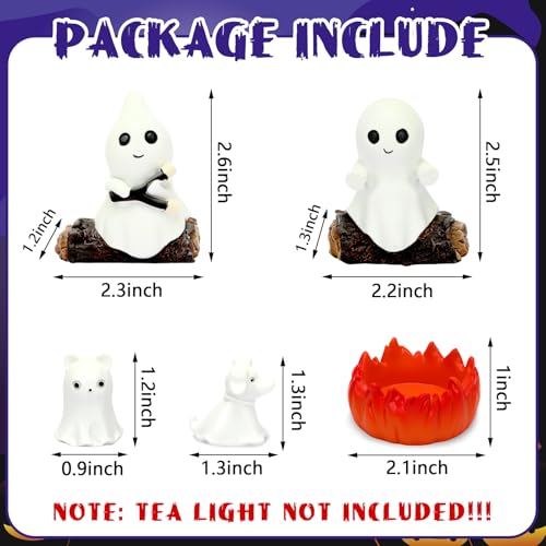 Glow-in-The-Dark Ghost Campfire Gathering, Cute & Cozy Halloween Ghost Figurine Set | 2 Ghosts, Ghost Dog, Ghost Cat and Tea Light Holder | Resin Ghost Statue for Home, Mantel, Shelf, Desk
