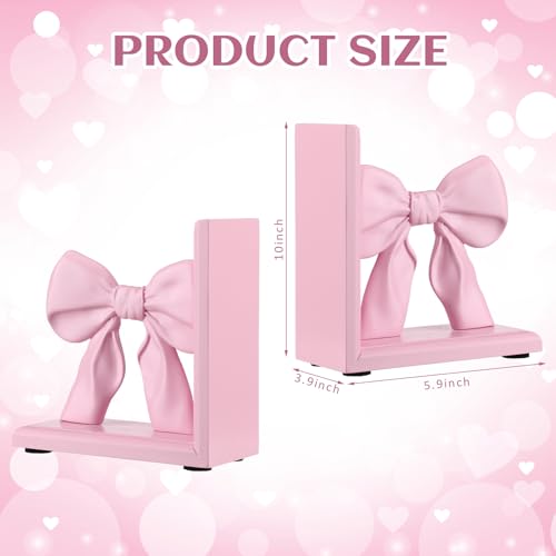 Threehoney 2 Pieces Pink Bow Bookends Cute Book Ends for Shelves Decorative Book Stand Bow Sculpture Statues Tabletop Shelf Ornament Room Decor for Home Office School Dorm Girl Desk