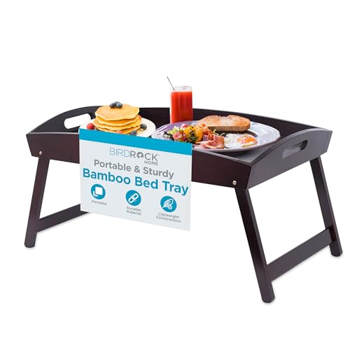BirdRock Home Bamboo Bed Tray | Wooden Curved Sides Breakfast Serving Tray with Folding Legs | Walnut