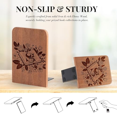 Wood Bookends, Book Ends for Shelves with Decorative Alphabet A and Z Design - Heavy Duty Iron & Ebony Wood Book Ends for Shelves Bookcase Desk - 1 Pair - S - color: S