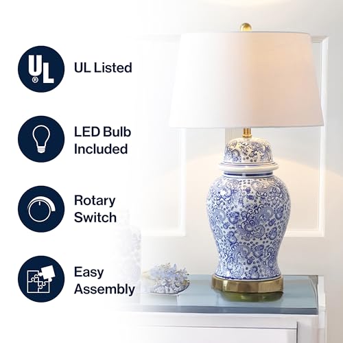 JONATHAN Y 29.5" Blue/White Ceramic Table Lamp for Living Room and Office, White Linen Drum Shade, Traditional Chinoiserie Ginger Jar Lamp, LED Bulb Included JYL3008A - color: Blue/White