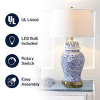 JONATHAN Y 29.5" Blue/White Ceramic Table Lamp for Living Room and Office, White Linen Drum Shade, Traditional Chinoiserie Ginger Jar Lamp, LED Bulb Included JYL3008A - color: Blue/White