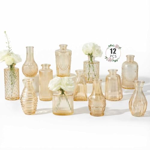 12 Pack Bud Vase in Bulk - BEAHOT Gold Flower Vases for Wedding Decorations, Glass Vase for Table Decorations, Small Vase for Home, Mother's Day, Centerpieces, Party, Office (Gold) - color: Gold