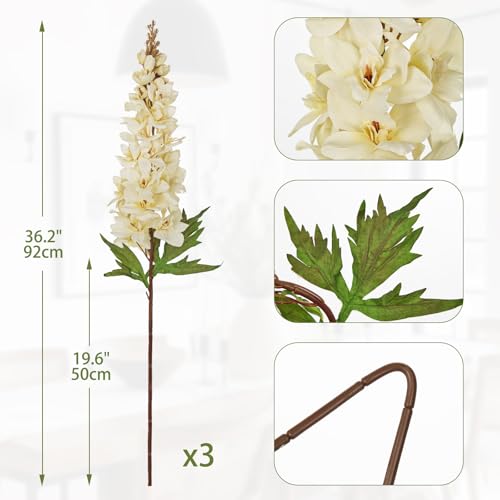 Briful 3PACK Artificial Delphinium Flowers – 36.2in Tall Faux Larkspur Silk Floral Stems Off White Fake Delphinium Flower for Indoor Home Decor Vase Arrangements - color: Off White