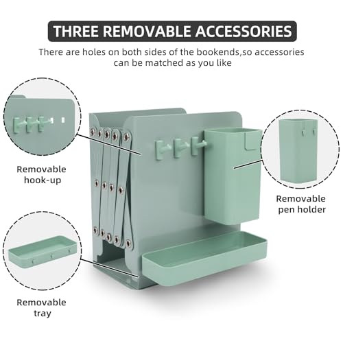 Adjustable Bookends, 19" Metal Book Ends for Heavy Books, 2 Dividers Bookends with Removable Pen Holder, Tray, and 3 Hook-up, Book Organizer for Office, School, Bookstore, Home - color: Green