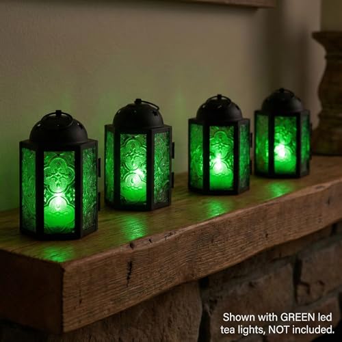 VELA LANTERNS Mini Moroccan Tea Light Candle Holder Lanterns – 4.25" Small Decorative Lantern for Table or Hanging, Metal with Glass Panels – Ramadan, Wedding, Home Decor, Emerald Green (Set of 4) - color: Emerald Green