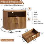 LEYAOYAO 31" Wide Fluted Nightstand with Charging Station, Oversized Extra Large 2 Drawers Night Stand,Brown Wood Bedside Table,Tall Bed Side End Tables,Modern Chest of Drawers Dressers for Bedroom - color: Brown, size: 2 Drawers
