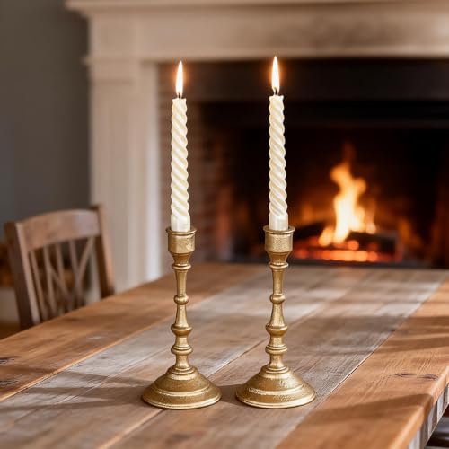 Gold Taper Candle Holders Set of 2, Heavy Candlestick Holders Decorative Candle Stand for Table Centerpiece, Cast Iron Gold Candle Sticks Decor - color: Antiqued Gold 1