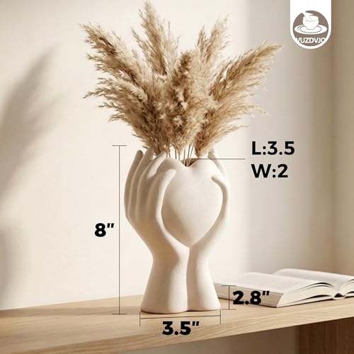 8 Inch Heart Hand White Ceramic Vase - Unique Modern Aesthetic Flowers Vase for Living Room Bedroom Office Kitchen Table Centerpiece or Shelf Decor (Cream White) - color: Cream White