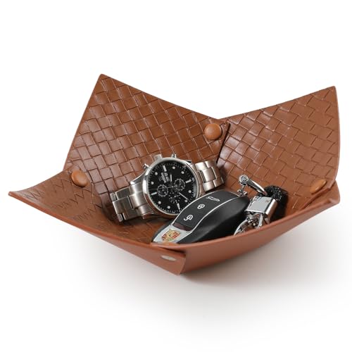 KINIVA PU Leather Jewelry Valet Tray for Men Women,Small Key Bowl for Entryway Table,Portable Travel Catchall Dice Tray (Bowl-Brown-2pcs) - style: Bowl-Brown-2pcs