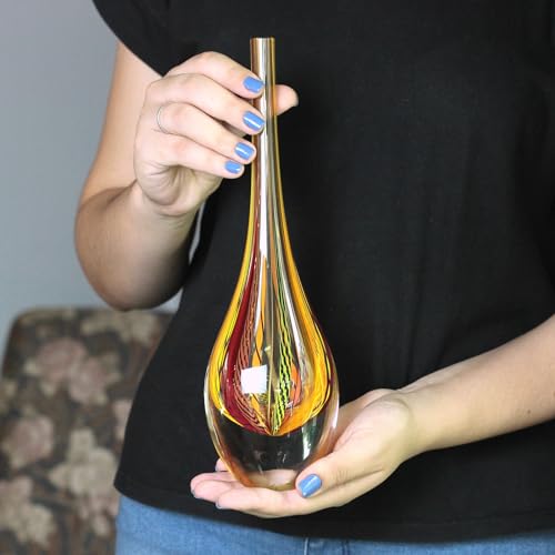 Ca D Oro Small Drop Glass Vase Boho with Red/Yellow Canes Hand Blown Murano-Style Art Glass - Model Tall - color: Red
