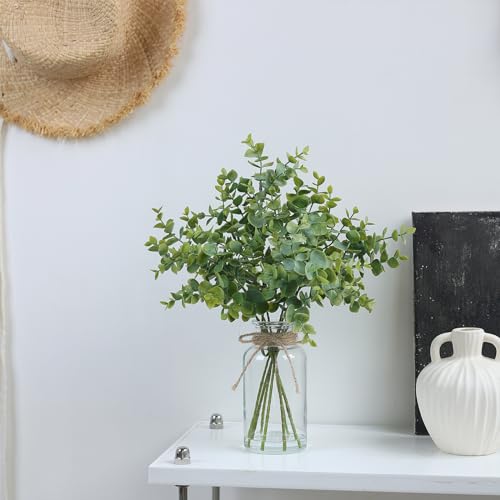 Zheart Fake Eucalyptus Stems in Glass Vase with Faux Water,14" Artificial Plants Eucalyptus Leaves for Shelf Desk Bathroom Farmhouse Room Coffee Table Home Decor (Sage Green)