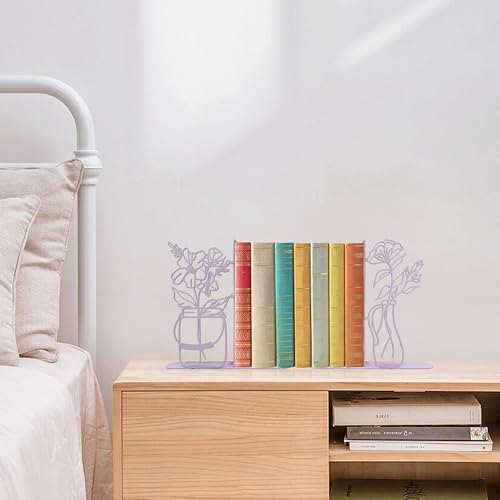 Flower Vase Bookends, Metal Decorative BookEnds for Shelves Cute Book Ends for Office Home Decor, Ideal Gift for Book Lovers (Purple) - color: Purple