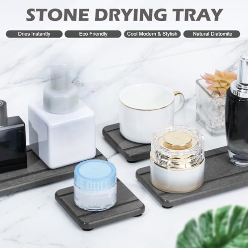 4PCS Stone Drying Trays for Bathroom Sink and Kitchen Counter, Water Absorbing Stone Tray with Diatomaceous Earth, Soap Dish and Coaster - color: Dark Gray 2stripes