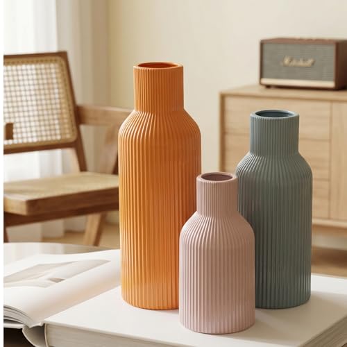Colorful Ceramic Vases Set of 3(Pink, Blue, Orange), Modern Glossy Ribbed Color-Block Vase, Scandinavian Boho Style Decorative Ornament for Living Room and Shelves - color: Glossy-pink/Blue/Orange
