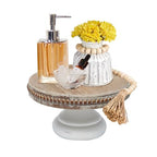 dwellington White Wash Round Display Wood Riser, 8.25” Shabby Chic Pedestal Tray Decor with Beads, Farmhouse Display Stands for Small Items in Coffee Bar, Bathroom, Kitchen Island