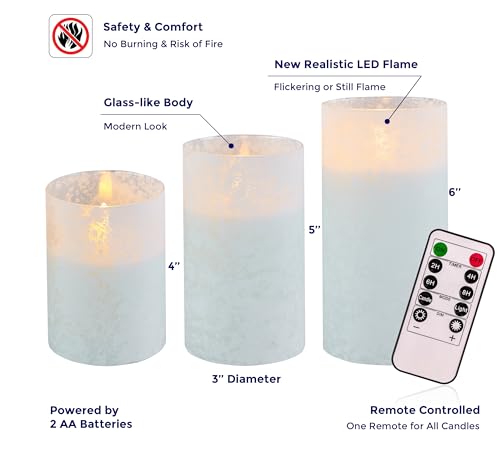 VENTA Frosted Glass LED Candles, Set of 3 | Warm Amber Flickering Pillar Candles with Remote | Creates Cozy, Relaxing Hygge Ambiance for Bedroom & Living Room - color: Foggy