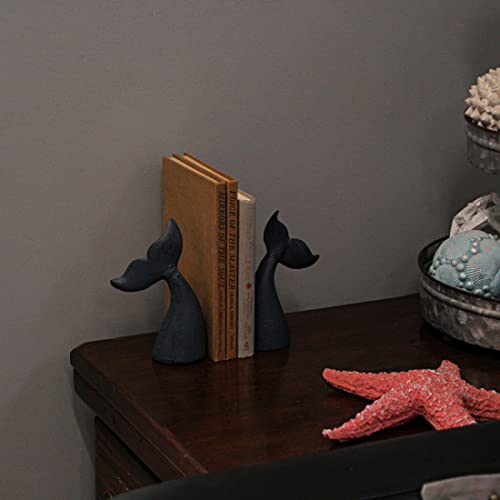 Set of 2 Nautical Cast Iron Whale Tail Decorative Bookends - Coastal Themed Shelves, and Beach House - Rustic Blue Enamel Finish - Organize and Beautify Your Space - color: Whale Tail - Blue