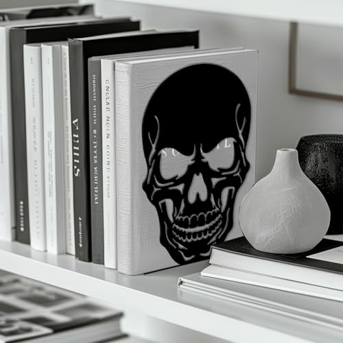 Peacoblue Metal Bookends for Shelves, Modern Decorative Heavy Duty Study Book Ends Stoppers for Office, Desk, Shelf, Room 5.3"x4.3"x7.9" Cast Iron Simple Tall Bookends 1 Pair (Skull) - style: skull