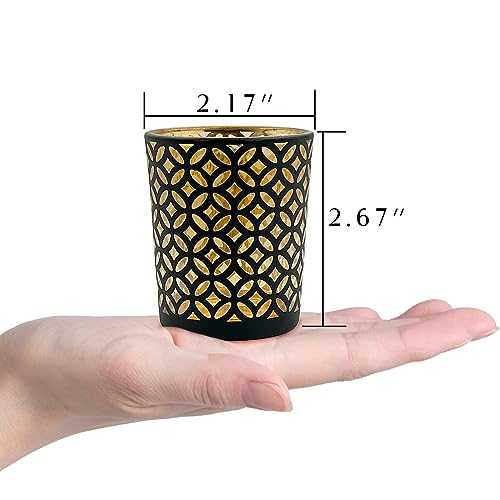 SHMILMH Black Gold Glass Votive Candle Holders Set of 12, Tealight Candle Holder with 4 Patterns for Ramadan Decorations, Eid Mubarak, Wedding Centerpiece, Modern Home Table Decor, Gift Set - color: B&g 4 Patterns