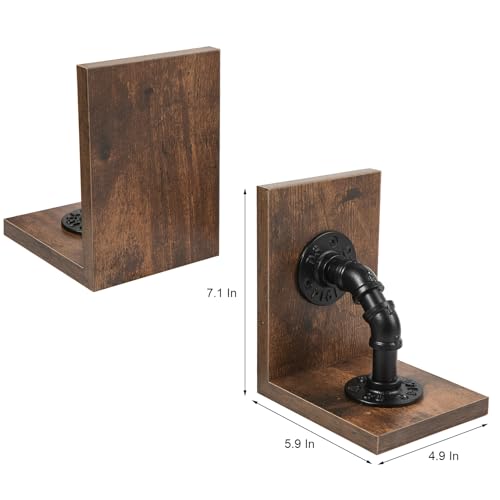 Rustic Decorative Wooden Tabletop Farmhouse Bookends for Heavy Books with Modern Industrial-Style Pipe Office Desktop Bookshelf Organizers Stoppers Holder Nonskid Shelf Decor 1-Pair (Dark Brown) - color: Dark Brown