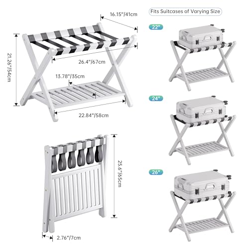 SMIBUY Luggage Rack, Foldable Bamboo Suitcase Stand with Storage Shelf for Guest Room, Bedroom, Hotel, Heavy-Duty, 1 Pack (White) - color: White