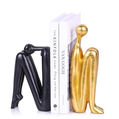 Heavy Bookends for Heavy Books – Modern Decorative Book Ends Thinker Statue, Creative Bookends Book Stopper for Shelves, Abstract Sculpture Bookshelf Desk Decor for Home Office (Black and Gold) - color: Black Gold