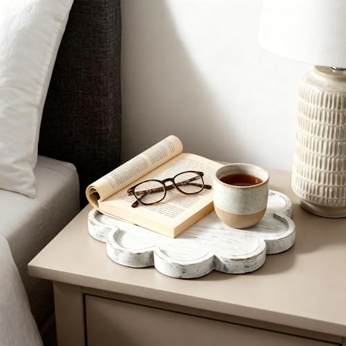 BreezeHug White Decorative Serving Tray Wood 12.6 Inch Scalloped Serving Tray Round Wooden Display Plate with Scalloped Borders for Coffee Table Living Room Bedroom Entryway Decoration - color: White