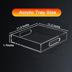 Acrylic Organizers Tray, Acrylic Tray for Ottoman, Serving Tray with Handle, Lucite Tray Organizer for Bench, Coffee Table Countertop, Kitchen, Bathroom, Living Room, Powder Room - size: 11.2" x 11.2" x 1.7"