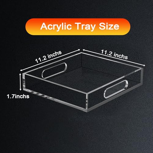 Acrylic Organizers Tray, Acrylic Tray for Ottoman, Serving Tray with Handle, Lucite Tray Organizer for Bench, Coffee Table Countertop, Kitchen, Bathroom, Living Room, Powder Room - size: 11.2" x 11.2" x 1.7"
