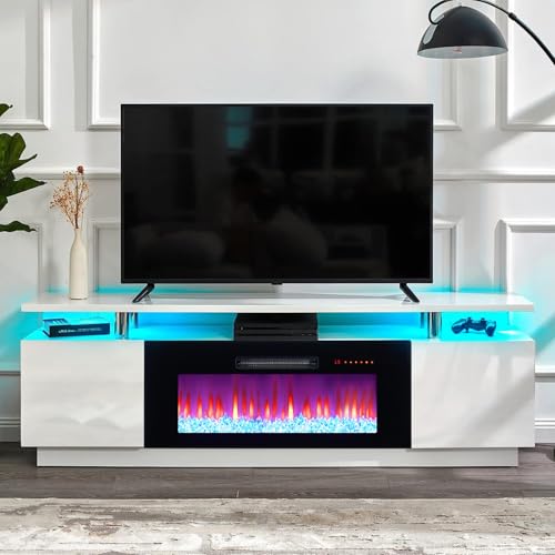 AMERLIFE Fireplace TV Stand with 36" Fireplace, 70" Modern Fireplace Entertainment Center LED Lights, 2 Tier TV Console Cabinet for TVs Up to 80", Ivory White - color: White & Black, size: 70"