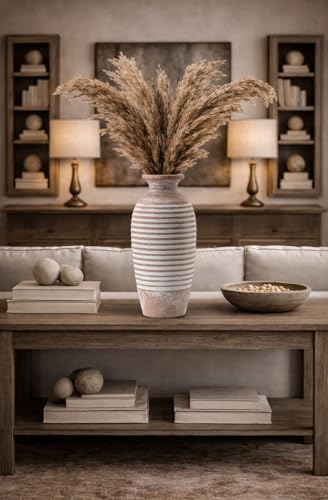 Emotionally Grounded Vase, Vaseking Large Ceramic Rustic Vase, 14.4 inch Minimalist Threaded Decorative Farmhouse Tall Vases for Home Decor, Living Room, Enterway, Table Decoration, Khaki - color: 19151-khaki, size: 14.4"