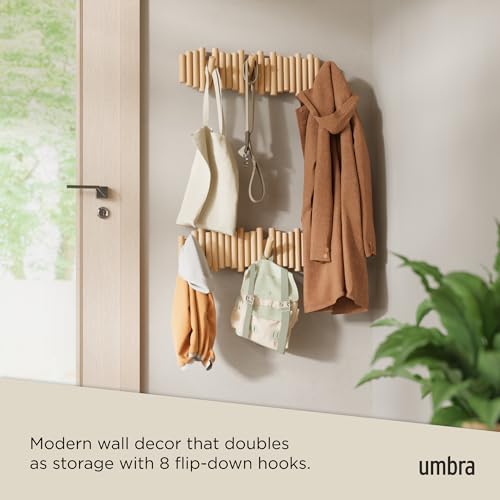 Umbra Picket Coat Rack with 8 Hooks – Natural Wall-Mounted Coat Rack with Flip-Down Wooden Hooks, Real Pine Wood Decorative Wall Storage for Jackets, Hats, Scarves, Bags, Entryway, Bedroom Living Room - color: Natural, size: 8-Hook