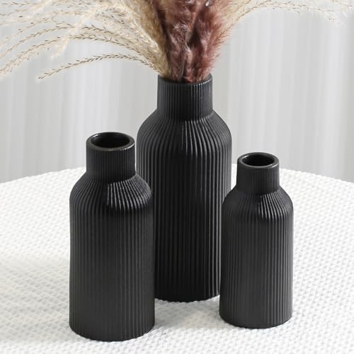 Bohemian Black Ceramic Vase - for Pampas Grass, Mantel, Bookshelf, Entryway and Living Room Decor (Black, Set of 3) - color: Black, size: Set of 3